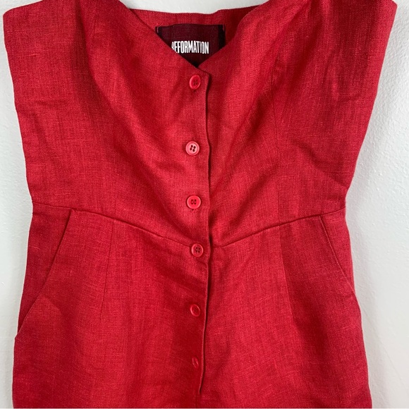 Reformation | Red Linen Mini Romper with pockets | Size 00 - Picture 4 of 12